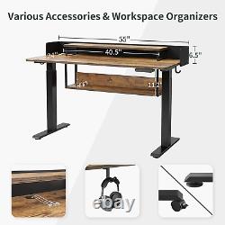 55 Electric Height Adjustable Standing Desk with Double Shelves, 55 X 24 Inch H