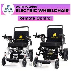 Chaise roulante électrique légère pliable et transportable avec télécommande automatique de pliage.