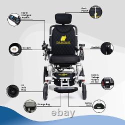 Chaise roulante électrique légère pliable, inclinable et pliable pour voyager et se déplacer.